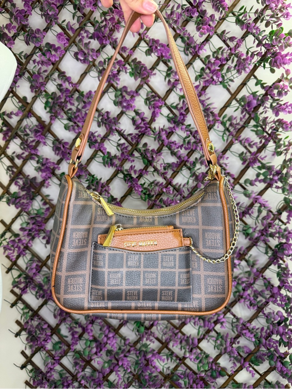 Y2K Steve Madden Brown Logo-Print Shoulder Bag with Tan Trim